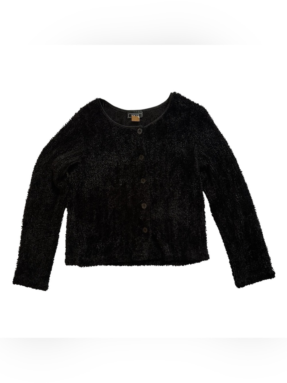 Vintage Black Plush Button-Front Cardigan Jacket -Made in USA